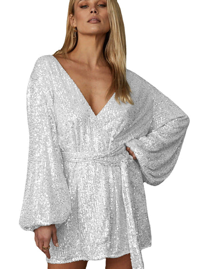 Robe Courte à Paillettes — Col V Croisé
